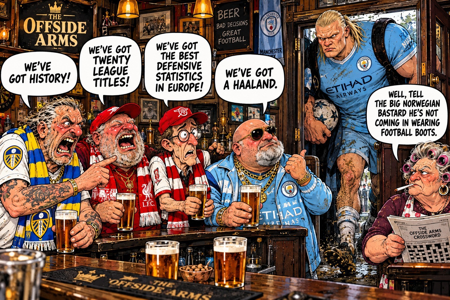 The Offside Arms regulars arguing as Doris refuses entry to Haaland wearing football boots.